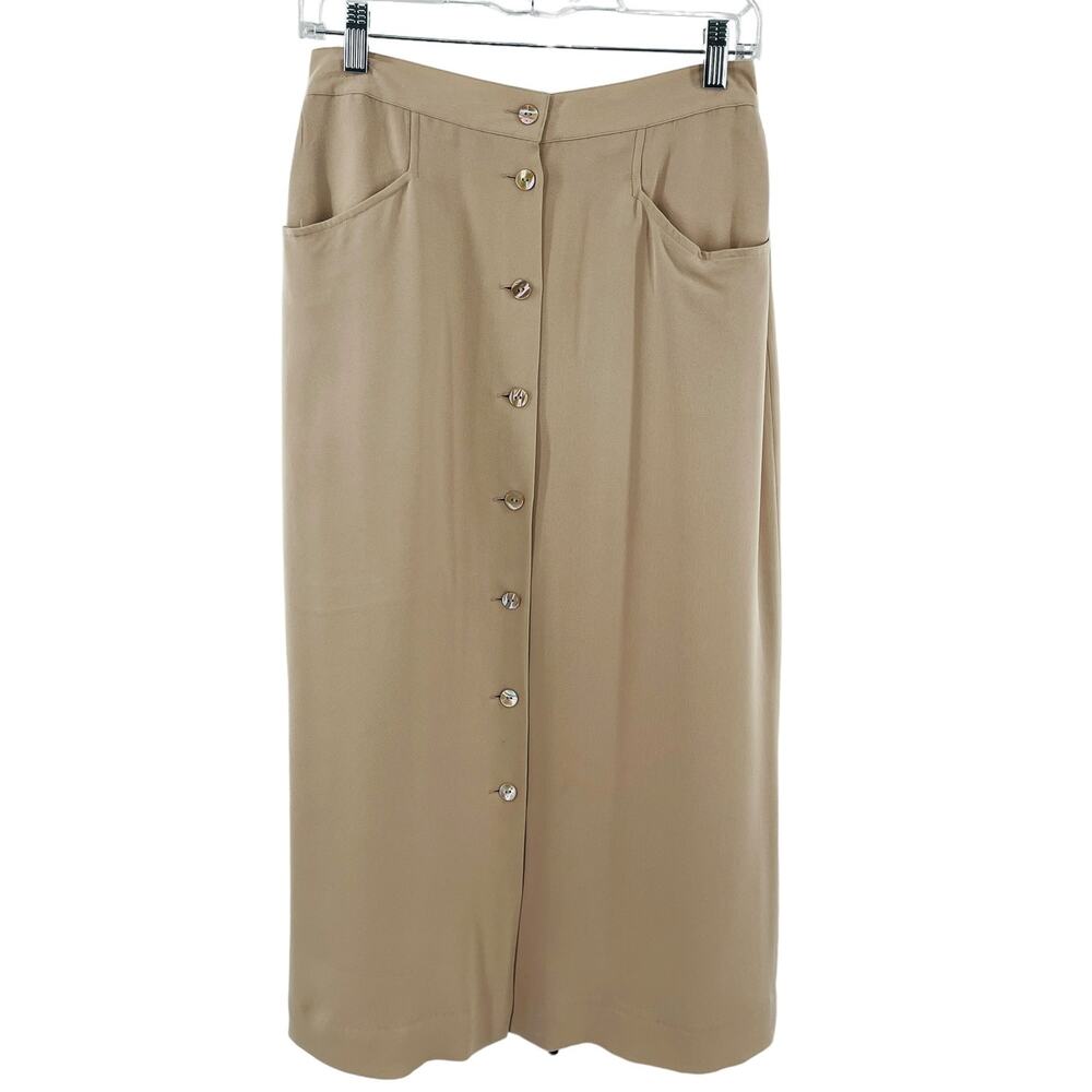 Vintage Petite Sophisticate Beige Silk Button Up Front Pockets Midi Skirt 8